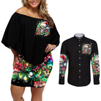 Christmas Skull Couples Matching Off Shoulder Short Dress and Long Sleeve Button Shirt On The Naughty List I Regret Nothing - Wonder Print Shop