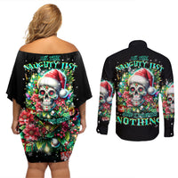 Christmas Skull Couples Matching Off Shoulder Short Dress and Long Sleeve Button Shirt On The Naughty List I Regret Nothing - Wonder Print Shop