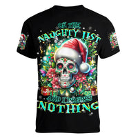 Christmas Skull Women V Neck T Shirt On The Naughty List I Regret Nothing - Wonder Print Shop