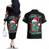 Christmas Skull Lady Couples Matching Off The Shoulder Long Sleeve Dress and Hawaiian Shirt On The Naughty List I Regret Nothing - Wonder Print Shop