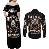 Demon Skull Couples Matching Off Shoulder Maxi Dress and Long Sleeve Button Shirt One Day I Gonna Say Fuck It All - Wonder Print Shop