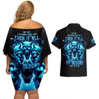 Demon Skull Couples Matching Off Shoulder Short Dress and Hawaiian Shirt One Day I Gonna Say Fuck It All - Wonder Print Shop