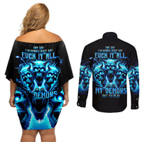 Demon Skull Couples Matching Off Shoulder Short Dress and Long Sleeve Button Shirt One Day I Gonna Say Fuck It All - Wonder Print Shop