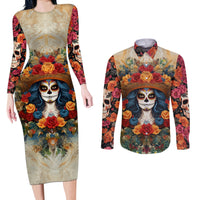 Day of Dead Lady Couples Matching Long Sleeve Bodycon Dress and Long Sleeve Button Shirt Sugar Skull Field Rose Lady - Wonder Print Shop