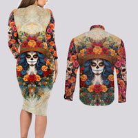 Day of Dead Lady Couples Matching Long Sleeve Bodycon Dress and Long Sleeve Button Shirt Sugar Skull Field Rose Lady - Wonder Print Shop