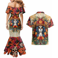 Day of Dead Lady Couples Matching Mermaid Dress and Hawaiian Shirt Sugar Skull Field Rose Lady - Wonder Print Shop