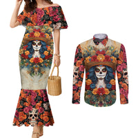 day-of-dead-lady-couples-matching-mermaid-dress-and-long-sleeve-button-shirt-sugar-skull-field-rose-lady