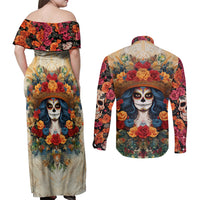 Day of Dead Lady Couples Matching Off Shoulder Maxi Dress and Long Sleeve Button Shirt Sugar Skull Field Rose Lady - Wonder Print Shop