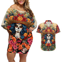 Day of Dead Lady Couples Matching Off Shoulder Short Dress and Hawaiian Shirt Sugar Skull Field Rose Lady - Wonder Print Shop