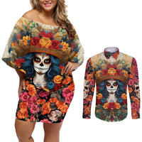 Day of Dead Lady Couples Matching Off Shoulder Short Dress and Long Sleeve Button Shirt Sugar Skull Field Rose Lady - Wonder Print Shop