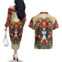 Day of Dead Lady Couples Matching Off The Shoulder Long Sleeve Dress and Hawaiian Shirt Sugar Skull Field Rose Lady - Wonder Print Shop