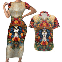 Day of Dead Lady Couples Matching Short Sleeve Bodycon Dress and Hawaiian Shirt Sugar Skull Field Rose Lady - Wonder Print Shop