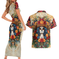 Day of Dead Lady Couples Matching Short Sleeve Bodycon Dress and Hawaiian Shirt Sugar Skull Field Rose Lady - Wonder Print Shop