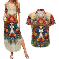 Day of Dead Lady Couples Matching Summer Maxi Dress and Hawaiian Shirt Sugar Skull Field Rose Lady - Wonder Print Shop