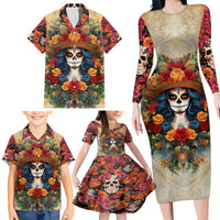 Day of Dead Lady Family Matching Long Sleeve Bodycon Dress and Hawaiian Shirt Sugar Skull Field Rose Lady - Wonder Print Shop