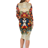 Day of Dead Lady Family Matching Long Sleeve Bodycon Dress and Hawaiian Shirt Sugar Skull Field Rose Lady - Wonder Print Shop