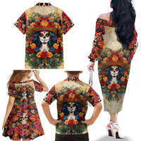 Day of Dead Lady Family Matching Off Shoulder Long Sleeve Dress and Hawaiian Shirt Sugar Skull Field Rose Lady - Wonder Print Shop