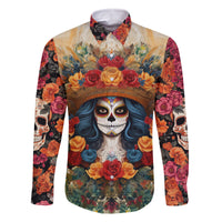 Day of Dead Lady Family Matching Off Shoulder Long Sleeve Dress and Hawaiian Shirt Sugar Skull Field Rose Lady - Wonder Print Shop
