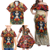 Day of Dead Lady Family Matching Off Shoulder Maxi Dress and Hawaiian Shirt Sugar Skull Field Rose Lady - Wonder Print Shop