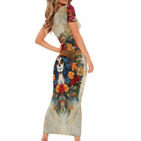 Day of Dead Lady Family Matching Short Sleeve Bodycon Dress and Hawaiian Shirt Sugar Skull Field Rose Lady - Wonder Print Shop