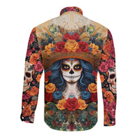 Day of Dead Lady Long Sleeve Button Shirt Sugar Skull Field Rose Lady - Wonder Print Shop
