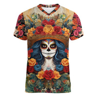 Day of Dead Lady Women V Neck T Shirt Sugar Skull Field Rose Lady - Wonder Print Shop
