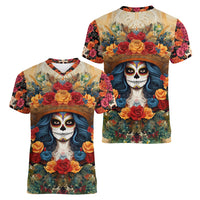 Day of Dead Lady Women V Neck T Shirt Sugar Skull Field Rose Lady - Wonder Print Shop