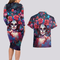 Day of Dead Lady Couples Matching Long Sleeve Bodycon Dress and Hawaiian Shirt Sugar Skull Field Rose Lady - Wonder Print Shop