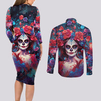 Day of Dead Lady Couples Matching Long Sleeve Bodycon Dress and Long Sleeve Button Shirt Sugar Skull Field Rose Lady - Wonder Print Shop