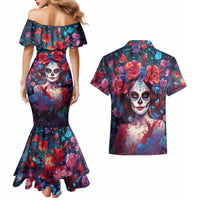 Day of Dead Lady Couples Matching Mermaid Dress and Hawaiian Shirt Sugar Skull Field Rose Lady - Wonder Print Shop