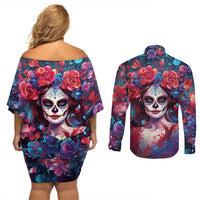Day of Dead Lady Couples Matching Off Shoulder Short Dress and Long Sleeve Button Shirt Sugar Skull Field Rose Lady - Wonder Print Shop