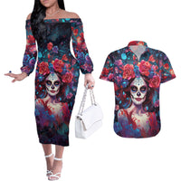 Day of Dead Lady Couples Matching Off The Shoulder Long Sleeve Dress and Hawaiian Shirt Sugar Skull Field Rose Lady - Wonder Print Shop