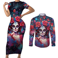 Day of Dead Lady Couples Matching Short Sleeve Bodycon Dress and Long Sleeve Button Shirt Sugar Skull Field Rose Lady - Wonder Print Shop