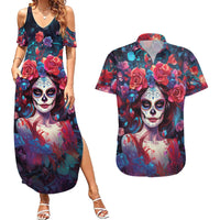 Day of Dead Lady Couples Matching Summer Maxi Dress and Hawaiian Shirt Sugar Skull Field Rose Lady - Wonder Print Shop