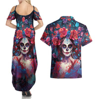 Day of Dead Lady Couples Matching Summer Maxi Dress and Hawaiian Shirt Sugar Skull Field Rose Lady - Wonder Print Shop