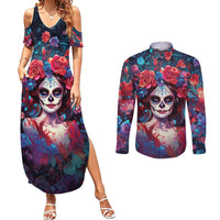 Day of Dead Lady Couples Matching Summer Maxi Dress and Long Sleeve Button Shirt Sugar Skull Field Rose Lady - Wonder Print Shop