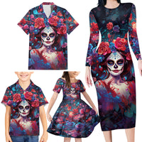 Day of Dead Lady Family Matching Long Sleeve Bodycon Dress and Hawaiian Shirt Sugar Skull Field Rose Lady - Wonder Print Shop