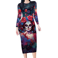 Day of Dead Lady Family Matching Long Sleeve Bodycon Dress and Hawaiian Shirt Sugar Skull Field Rose Lady - Wonder Print Shop