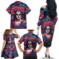 Day of Dead Lady Family Matching Off Shoulder Long Sleeve Dress and Hawaiian Shirt Sugar Skull Field Rose Lady - Wonder Print Shop