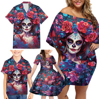 Day of Dead Lady Family Matching Off Shoulder Short Dress and Hawaiian Shirt Sugar Skull Field Rose Lady - Wonder Print Shop
