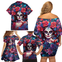 Day of Dead Lady Family Matching Off Shoulder Short Dress and Hawaiian Shirt Sugar Skull Field Rose Lady - Wonder Print Shop