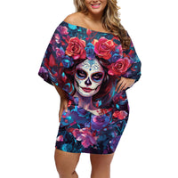 Day of Dead Lady Family Matching Off Shoulder Short Dress and Hawaiian Shirt Sugar Skull Field Rose Lady - Wonder Print Shop