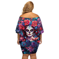 Day of Dead Lady Family Matching Off Shoulder Short Dress and Hawaiian Shirt Sugar Skull Field Rose Lady - Wonder Print Shop