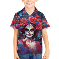 Day of Dead Lady Family Matching Off Shoulder Short Dress and Hawaiian Shirt Sugar Skull Field Rose Lady - Wonder Print Shop