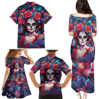 Day of Dead Lady Family Matching Puletasi Dress and Hawaiian Shirt Sugar Skull Field Rose Lady - Wonder Print Shop