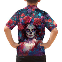 Day of Dead Lady Family Matching Short Sleeve Bodycon Dress and Hawaiian Shirt Sugar Skull Field Rose Lady - Wonder Print Shop