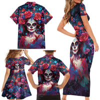 Day of Dead Lady Family Matching Short Sleeve Bodycon Dress and Hawaiian Shirt Sugar Skull Field Rose Lady - Wonder Print Shop
