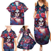 Day of Dead Lady Family Matching Summer Maxi Dress and Hawaiian Shirt Sugar Skull Field Rose Lady - Wonder Print Shop