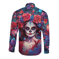 Day of Dead Lady Long Sleeve Button Shirt Sugar Skull Field Rose Lady - Wonder Print Shop