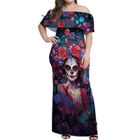 Day of Dead Lady Off Shoulder Maxi Dress Sugar Skull Field Rose Lady - Wonder Print Shop